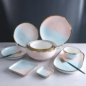 Nieuwe Ontwerp Keramische Luxe Diner Set Porseleinen Servies Sets Met Gouden Rand Porselein Diner Set Servies