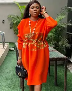 Vestido de mujer de talla grande africano de alta calidad con mangas de tres quortre cómodo Color sólido cuello redondo Miyake plisado Ceñido