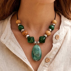 Boho Leather Cord Necklace Wooden Bead Mixed Colors Agate Pendant Women Casual Vintage Neck Ornament - Product Image 4