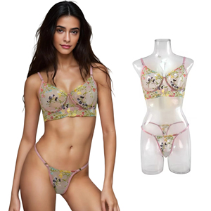 Completo Set Lingerie Donna <span class=keywords><strong>Trasparente</strong></span> Ricamato Floreale in <span class=keywords><strong>Tulle</strong></span> con Pizzo Scavato e Dettagli Floreali Tinta Unita - Hot Sale - Product Image 1
