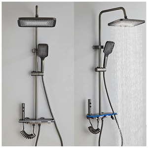 Mélangeur intelligent à affichage numérique <span class=keywords><strong>de</strong></span> la température avec lumière d'ambiance à LED Ensemble <span class=keywords><strong>de</strong></span> douche à sortie d'eau à 4 voies Clé <span class=keywords><strong>de</strong></span> bouton <span class=keywords><strong>de</strong></span> piano en métal gris - Product Image 1