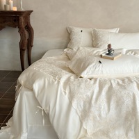 Parure de lit 4 pièces en dentelle brodée élégante, en coton longues fibres 100S, satin de luxe, housse de couette, drap plat, linge de lit pour la maison