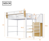 Lit superposé moderne en métal blanc avec escalier, étagère de chevet, garde-corps antidérapant et espace de rangement/lieu de travail multifonctionnel