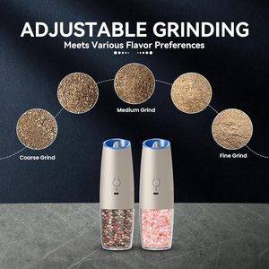 重力自动电动盐胡椒研磨器套装 电池供电 蓝色 LED 灯 一对手操作 调节粗细 - Product Image 3