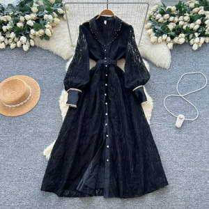 Vestidos para Mujer, Elegantes, Estilo Real, Manga Farol, Encaje Bordado, Vestido Línea A, Vestido Azul Ajustado para Mujer - Product Image 1