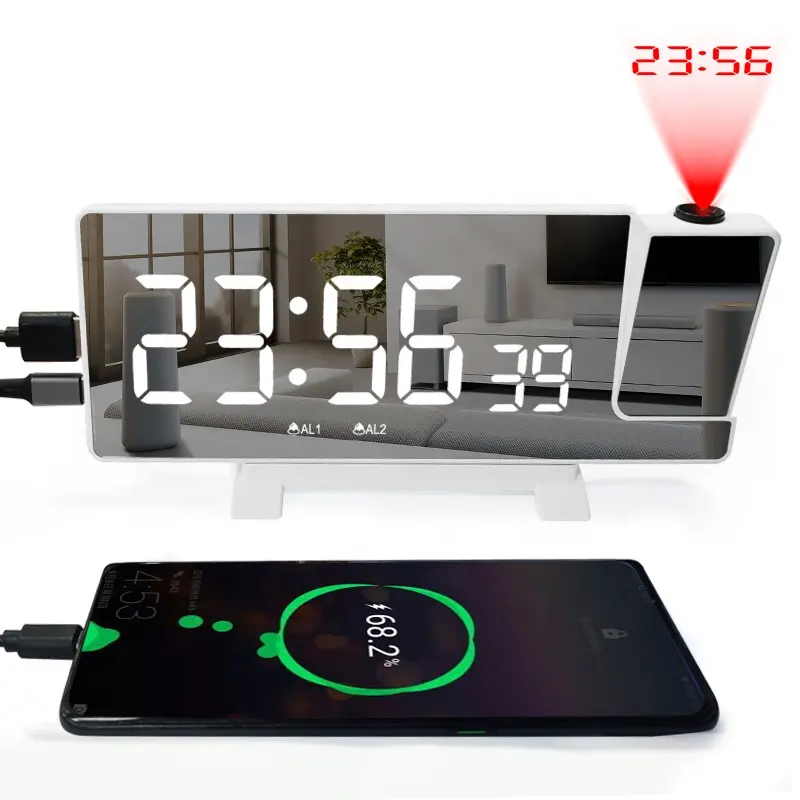 2022 New Digital Projection Desk Table Clock With Radio Projector Display Phone Charger Desktop alarm clock projection function