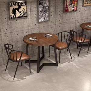 Rétro américain en bois massif Petite table carrée Restaurant et <span class=keywords><strong>Diner</strong></span> Table avec cadre en fer Ensemble de chaises Café Table ronde - Product Image 1
