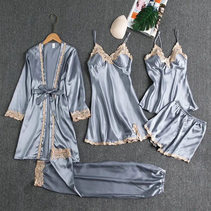 Wholesale 5pcs Plus Size Night Gowns Sexy Sleepwear Suit Lace Satin Nightdress For Women Set Sex Sleep Wear Soft Silk Pajamas