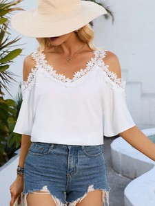 Mùa hè Mới Áo thun nữ màu trơn dáng rộng cổ chữ V Năm phần tư tay áo thời trang hàng ngày gợi cảm quây dây áo sơ mi voan - Product Image 4