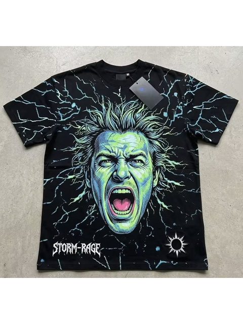 Retro Graffiti Art Print Washed Cotton Short Sleeve Top Star Skull Pattern Loose Casual Streetwear Apparel