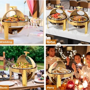 Ensemble de réchauds de buffet de luxe 6 litres avec couvercle roulant, en acier inoxydable, chauffe-plats pour traiteur avec accents dorés - Product Image 6
