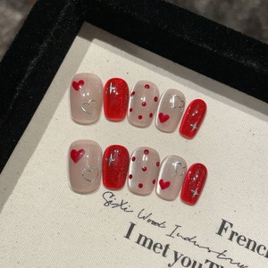 Juego de 10 <span class=keywords><strong>Uñas</strong></span> Postizas Acrílicas Rojas Cortas Hechas a Mano para el Día de San Valentín, Diseño Personalizado de Ojo de Gato con Cerezas, <span class=keywords><strong>Uñas</strong></span> Postizas de Lujo - Product Image 1