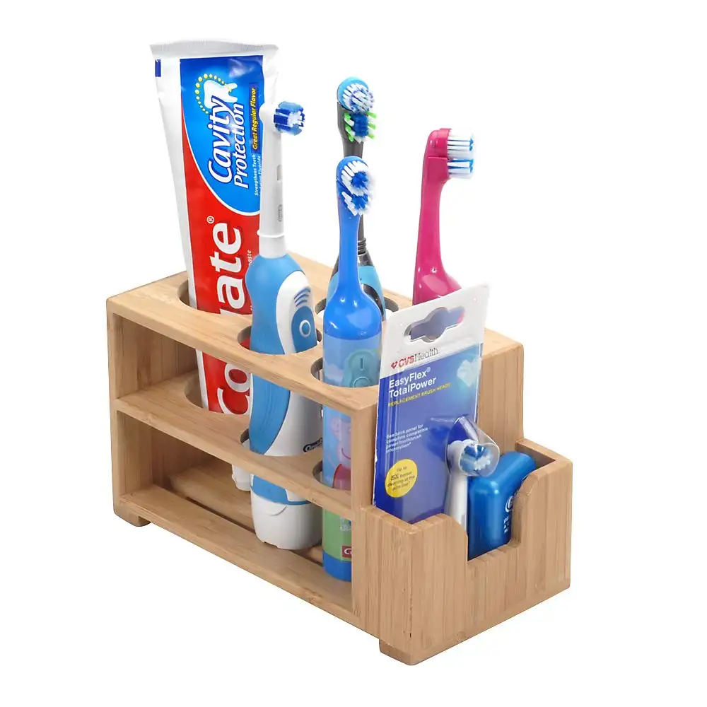 Hot Selling Natural Bamboo Wooden Toothpaste Storage Organizer with 5 Slots Bathroom Toothbrush Holder Quality Wood Material