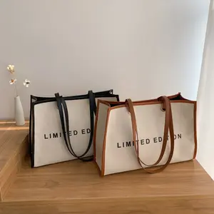 Bolso de lona Normcore con logotipo de edición limitada personalizado, bolso de mano de gran capacidad con asa de cuero PU para mujer