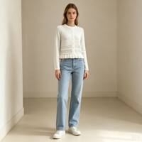Clara – Haut tricoté plat pointelle blanc de haute qualité pour femme, personnalisable OEM, couleur unie, manches longues, boutons en corne