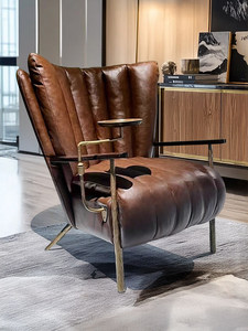 Sillón Individual de Cuero Genuino Vintage: Oficina, Bar, Exterior, Cómodo, Estilo de Mediados de Siglo, Sillón para Cigarros - Product Image 2