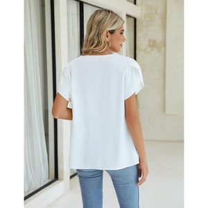 Blusa de gasa para mujer, blusa blanca con cuello en V, manga corta, informal, para el trabajo, transpirable, conjunto de verano 2024 - Product Image 4