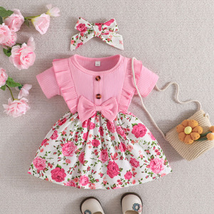 Robe d'été pour bébé fille, mignonne, à fleurs, style princesse, coupe évasée, avec nœud, en coton respirant, manches courtes, pour nouveau-né - Product Image 3