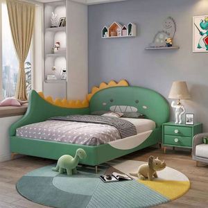 Lit d'enfant moderne au design dinosaure, structure en bois robuste, tête de lit rembourrée en coton confortable, taille complète pour chambre d'enfant - Product Image 1