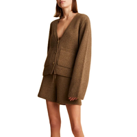 Ensemble décontracté pour femmes en cachemire 100% - Cardigan à col en V avec boutons et poches - Pantalon court à cordon de serrage en tricot ample - Tenue décontractée