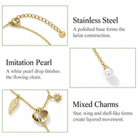 Collier Lariat Perle Céleste en Acier Inoxydable avec Breloques Imitation Perle, Aile d'Étoile et Coquillage Or et Argent