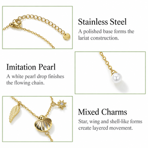 Collier Lariat Perle Céleste en Acier Inoxydable avec Breloques Imitation Perle, Aile d'Étoile et Coquillage Or et Argent - Product Image 4
