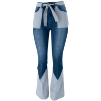 YUANBOFEI Jeans de haute qualité, directement de la source, taille mi-haute, en denim extensible d'été, patchwork, évasé, délavage à l'eau, longueur intégrale