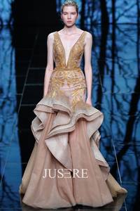 فستان سهرة كلاسيكي كلاسيكي ذهبي مدني مكشكش قطار مقاس كبير فستان مخصص للنساء فستان رسمي لأم العروس - Product Image 2