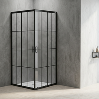 Porte de douche coulissante carrée Hotaqi avec verre trempé, finition noir mat avec cadre, fermeture douce, pierre artificielle pour salle de bain