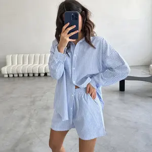 Enyami Cozy Fit Spring Fall Cotton Leisure Wear Striped Printed Pattern Coords Long Sleeve Shirt Tops Shorts Women 2 Piece Sets