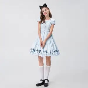 Gaun putri lengan pendek, kostum pelayan wanita lucu biru dan putih Halloween