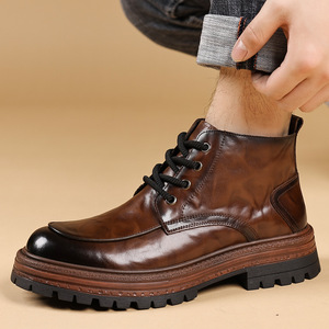 Bottes Martin pour homme, à bout rond, talon épais, doublure en polaire, semelle extérieure en caoutchouc, style hiver isolant - Product Image 2
