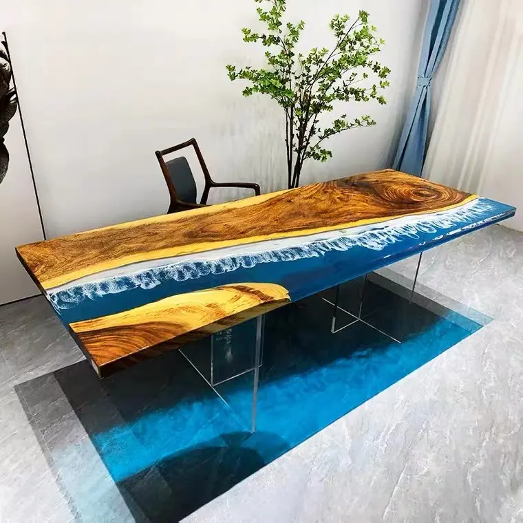 Café sea Wave-Mesa de madera de nogal transparente para exteriores, mesa de comedor cuadrada/redonda de resina epoxi, color azul sólido, para restaurante