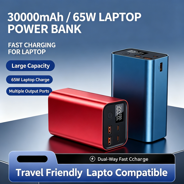 Fast Charging Power Bank 65w 30000mAh Ultra Slim 4 Output for Laptop Dynamic Digital Display Screen Aluminum Shell