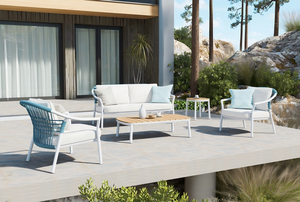 Tavolino da Caffè Moderno e Resistente in Lega di <span class=keywords><strong>Alluminio</strong></span> per Esterni con Piano in Teak - Resistente alle Intemperie e ai Raggi UV, Elegante per Villa, Cortile, Hotel, Sala da Pranzo - Product Image 3