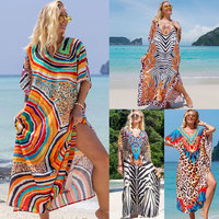 Robes Kaftan Grande Taille d'Été Coupe Ample Maxi pour la Plage et les Tenues de Vacances, Cache-Maillots Imprimé Léopard en Viscose/Coton Séchage Rapide
