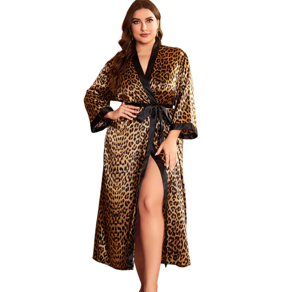 2024 фабричная оптовая продажа, Шелковый Атласный халат с логотипом, кимоно с леопардовым принтом, одежда для сна, ночная рубашка