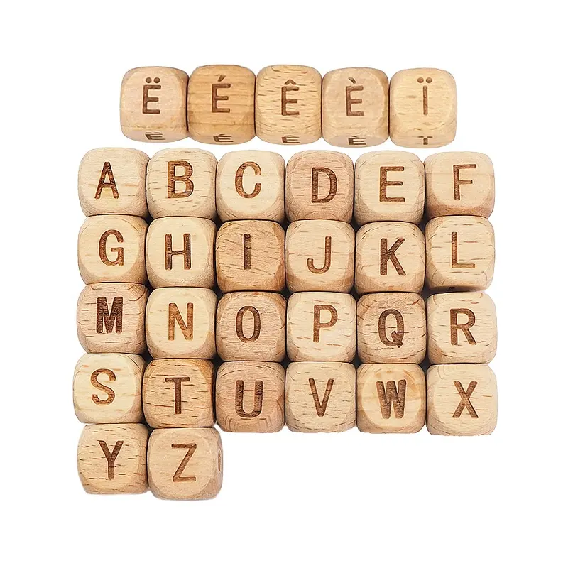 Neueste 12mm quadratische englische Alphabet Buchstaben Buche Holz DIY Schnuller Kette Baby Holz perlen