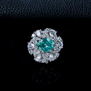 925 Sterling <b>Silver</b> Lab Created Paraiba Color <b>Garnet</b> Oval Cut Floral Halo <b>Ring</b> - Product Image 3