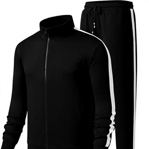 Ensemble de survêtement noir uni pour homme, manches longues, fermeture éclair, col montant, coupe sportive, respirant, en polyester, pour l'automne - Product Image 1