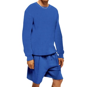 Custom Embroidery Logo Sweatsuit <b>Plus</b> <b>Size</b> Waffle Tracksuit <b>Plus</b> <b>Size</b> Wholesale Stretchable 2 Piece <b>Jogger</b> Suit Short Men's <b>Sets</b> - Product Image 5