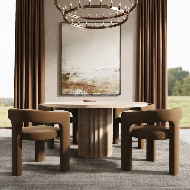 Dining Room Table and Chairs Set Modern Dining Table Armchairs with Open Back Design Fabric Kitchen Chairs