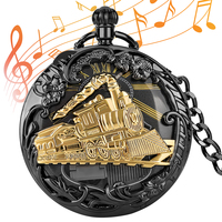 Reloj de Bolsillo Musical Steampunk Negro con Diseño de Locomotora de Vapor y Cadena