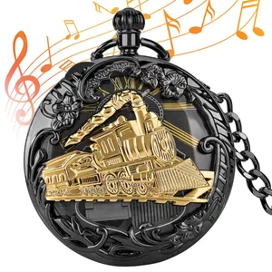 Relógio musical tipo steampunk, relógio de bolso com corrente, preto, quente, para motor, vapor, trem
