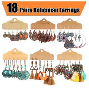 Boucles d'oreilles pendantes bohèmes à pampilles en alliage pour femme, ensemble de bijoux fantaisie pour soirée, plaqué bronze antique, sertissage clos en alliage de zinc - Product Image 5
