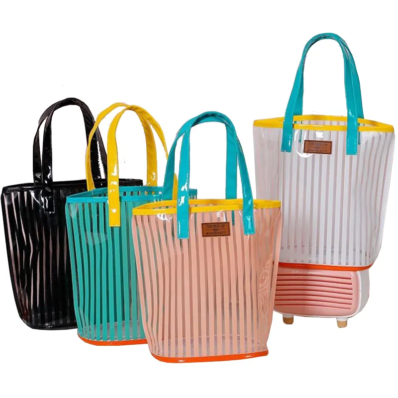 PVC Large Candy Color Transparent Handbags Semi Clear Purse Beach Tote Bags Large Work Shoulder Bag