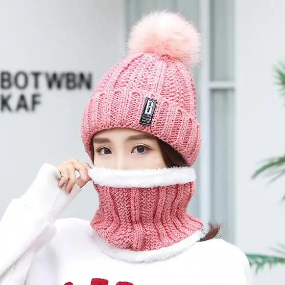RTS Knitting Winter Scarf And Hat Set Korean Big Bobble Hats Knitted Beanie For Women
