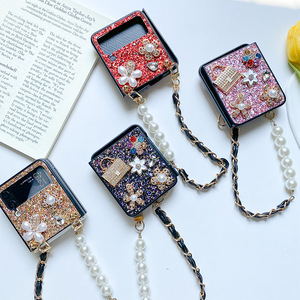 Flip pliable avec fleur paillettes INS Style paillettes strass <span class=keywords><strong>perle</strong></span> dragonne coque de téléphone pour Samsung zfold5 zflip4 zflip6 - Product Image 2