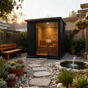 Sauna à vapeur carré extérieur pour 4 à 6 personnes, extérieur en hemlock noir avec intérieur en cèdre rouge, chauffage 6 kW, porte en verre trempé - Product Image 2