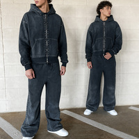 Ensemble sweat à capuche et pantalon de survêtement pour homme, 100% coton, avec strass, effet délavé, coupe oversize, fermeture éclair intégrale, personnalisé, grammage lourd